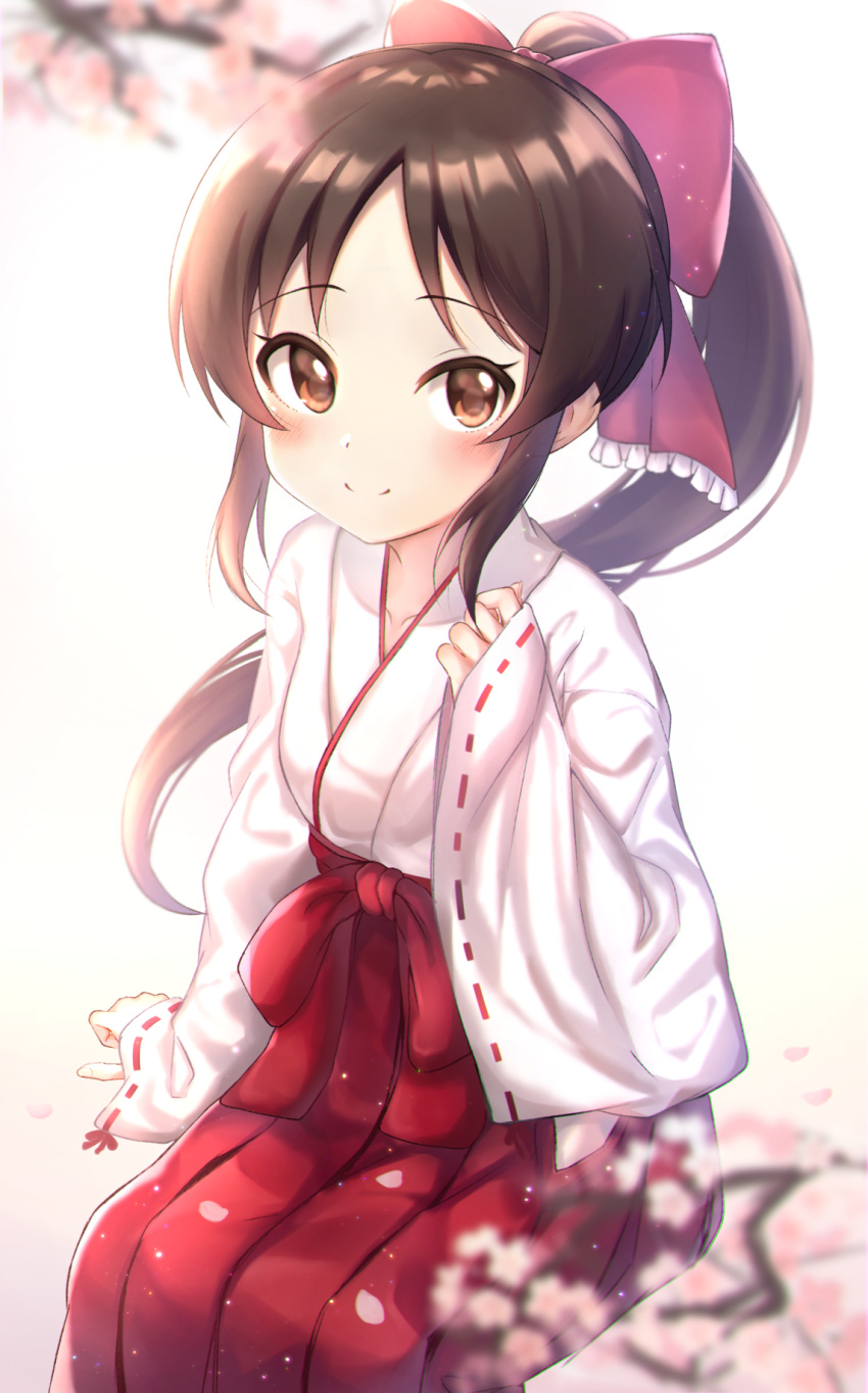 1girl, alternate_costume, alternate_hairstyle, blush_stickers, brown_eyes, brown_hair, cherry_blossoms, cotrpopor