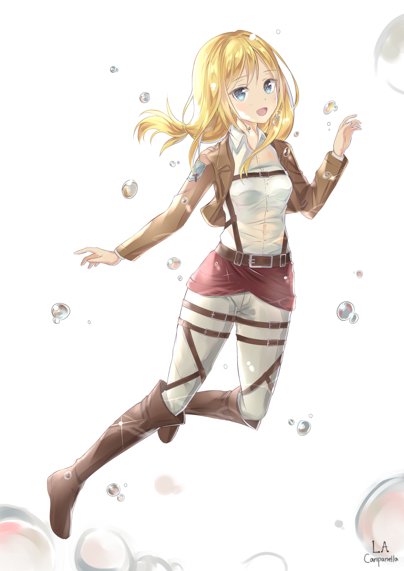 1girl, :d, artist_name, blonde_hair, blue_eyes, boots, brown_footwear, brown_jacket, bubble, christa_renz, collared_shirt, dress_shirt, floating_hair, full_body, jacket, knee_boots, la_campanella, long_hair, long_sleeves, looking_at_viewer, open_clothes, open_jacket, open_mouth, pants, paradis_military_uniform, shingeki_no_kyojin, shirt, smile, solo, white_background, white_pants, white_shirt, wing_collar