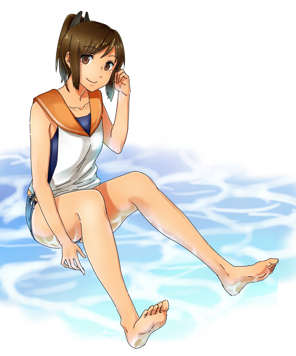 1girl, barefoot, blue_swimsuit, brown_eyes, brown_hair, collarbone, eyebrows_visible_through_hair, full_body, highres, i-401_(kantai_collection), kantai_collection, looking_at_viewer, orange_sailor_collar, raito_(latek), ribbon, sailor_collar, school_swimsuit, shirt, short_hair, sitting, sleeveless, sleeveless_shirt, smile, soles, solo, swimsuit, swimsuit_under_clothes, white_background, white_ribbon, white_shirt