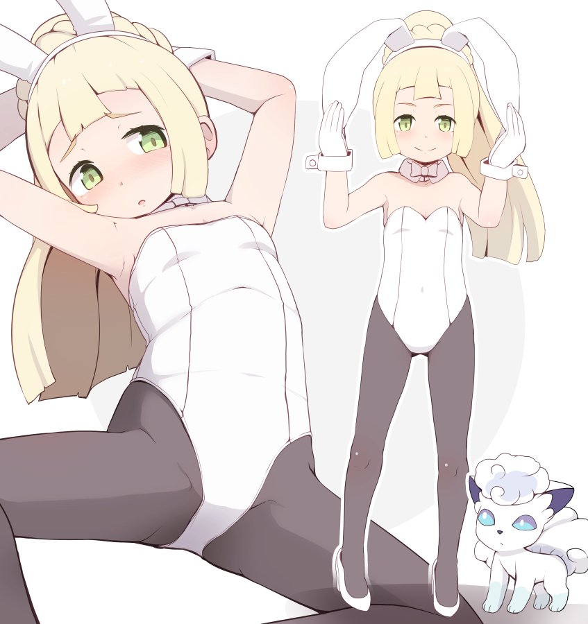 1girl, alolan_form, alolan_vulpix, alternate_costume, animal_ears, arms_up, bare_shoulders, black_legwear, blonde_hair, blush, bow, bowtie, bunnysuit, closed_mouth, collar, creatures_(company), detached_collar, fake_animal_ears, game_freak, garoudo_(kadouhan'i), gen_1_pokemon, gloves, green_eyes, high_heels, leotard, lillie_(pokemon), long_hair, multiple_views, nintendo, pantyhose, parted_lips, pokemon, pokemon_(creature), pokemon_(game), pokemon_sm, ponytail, rabbit_ears, simple_background, smile, strapless, strapless_leotard, vulpix, white_background, white_bow, white_collar, white_footwear, white_gloves, white_leotard