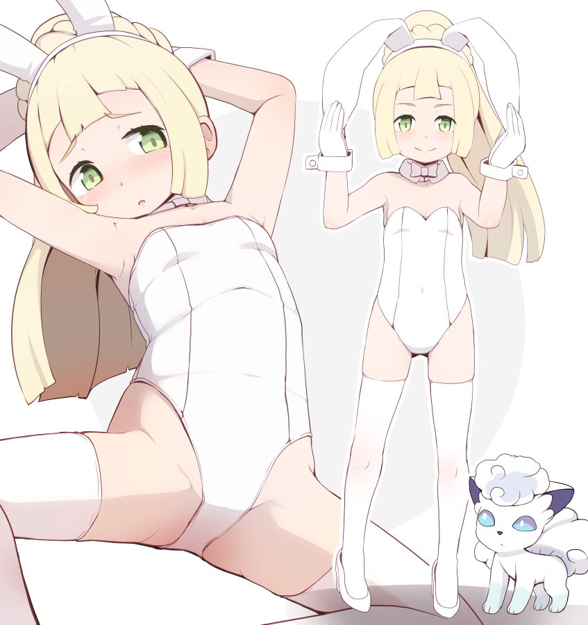 1girl, alolan_form, alolan_vulpix, alternate_costume, animal_ears, arms_up, bare_shoulders, blonde_hair