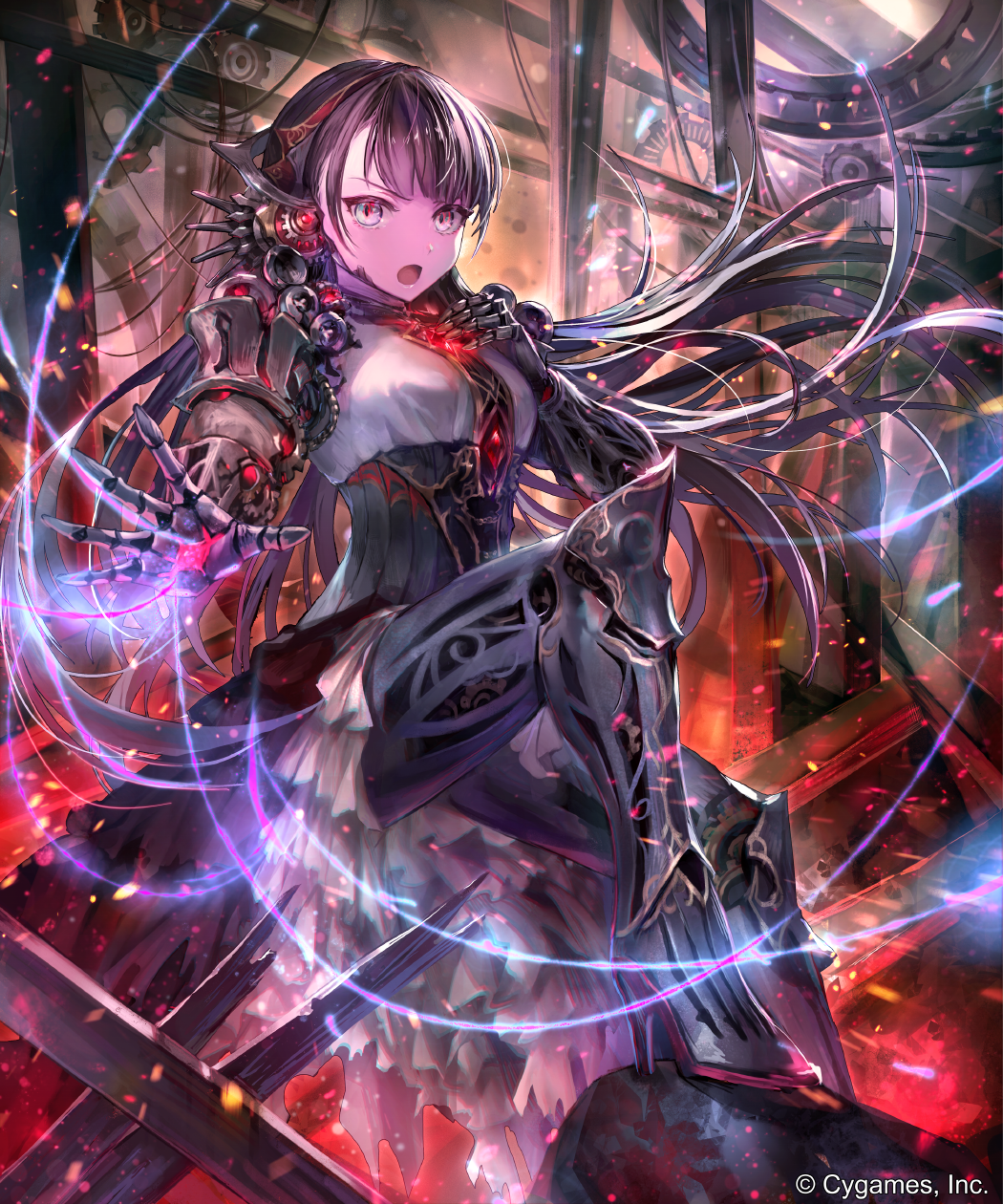 1girl, android, arm_at_side, armor, armored_dress, aura, bangs, black_hair