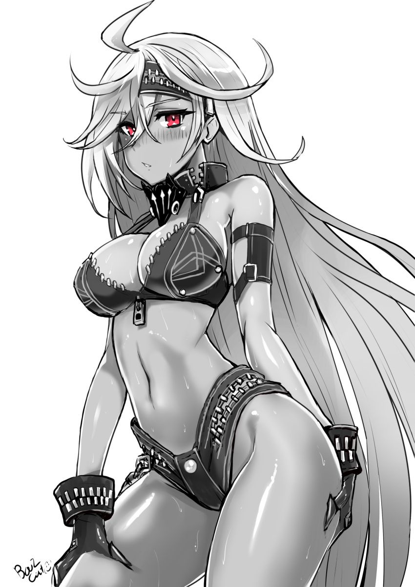 1girl, ahoge, bazooka_cat, breasts, cleavage, cowboy_shot, dark_skin, hair_between_eyes, highres, laevateinn_(phantom_of_the_kill), large_breasts, long_hair, looking_at_viewer, monochrome, phantom_of_the_kill, red_eyes, solo, swimsuit, thighs, very_long_hair