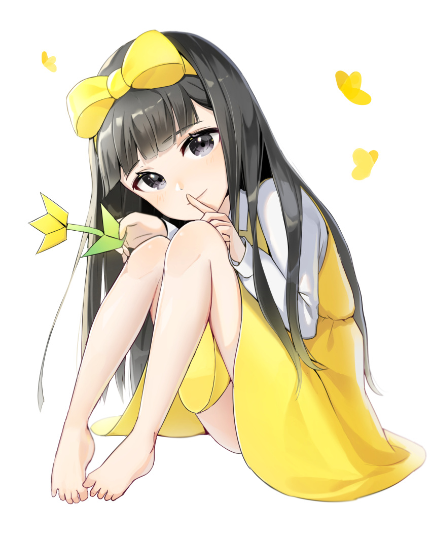 1girl, absurdres, bangs, bare_legs, barefoot, black_eyes, black_hair, blunt_bangs