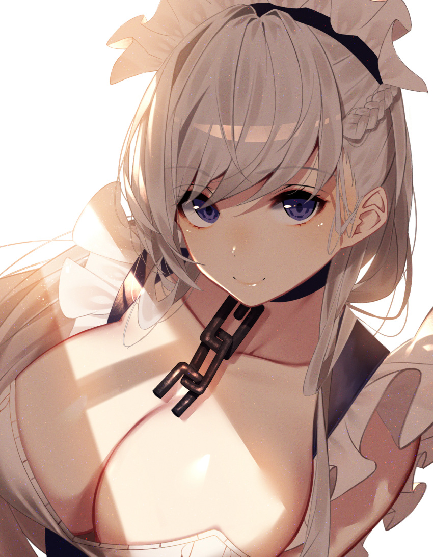 1girl, azur_lane, bangs, belfast_(azur_lane), blue_eyes, blush, braid, breasts