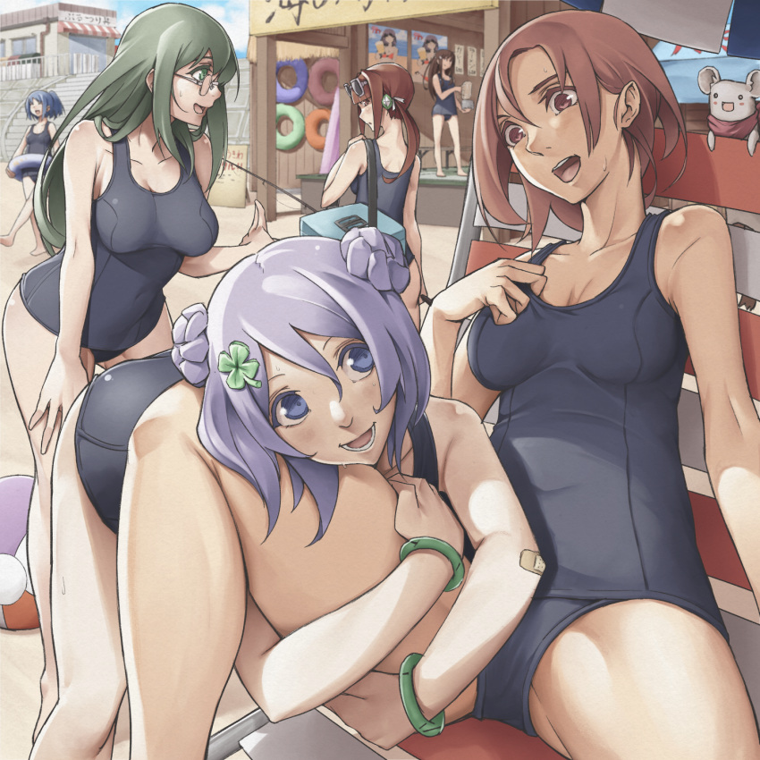 6+girls, ai_(popotan), bandaid, beach, beach_chair, beach_house, bracelet, breasts