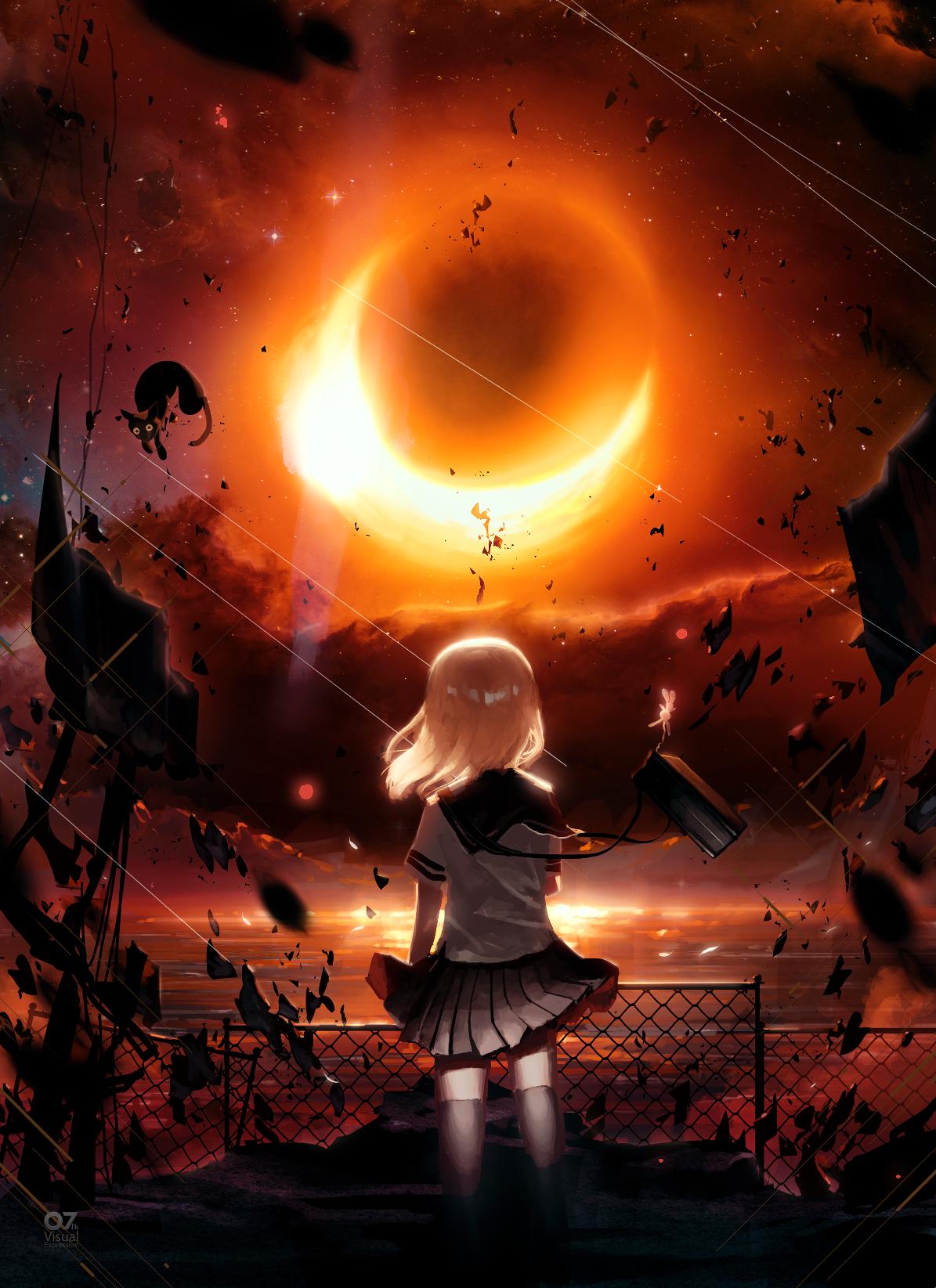 1girl, artist_name, backlighting, bag, black_hole, blonde_hair, blurry_foreground, cat