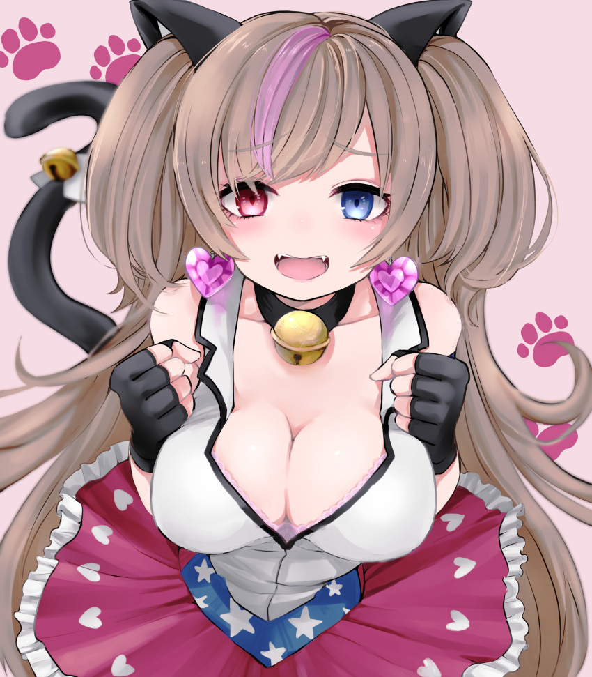 1girl, absurdres, american_flag_skirt, animal_ears, bell, bell_collar, black_gloves, blue_eyes