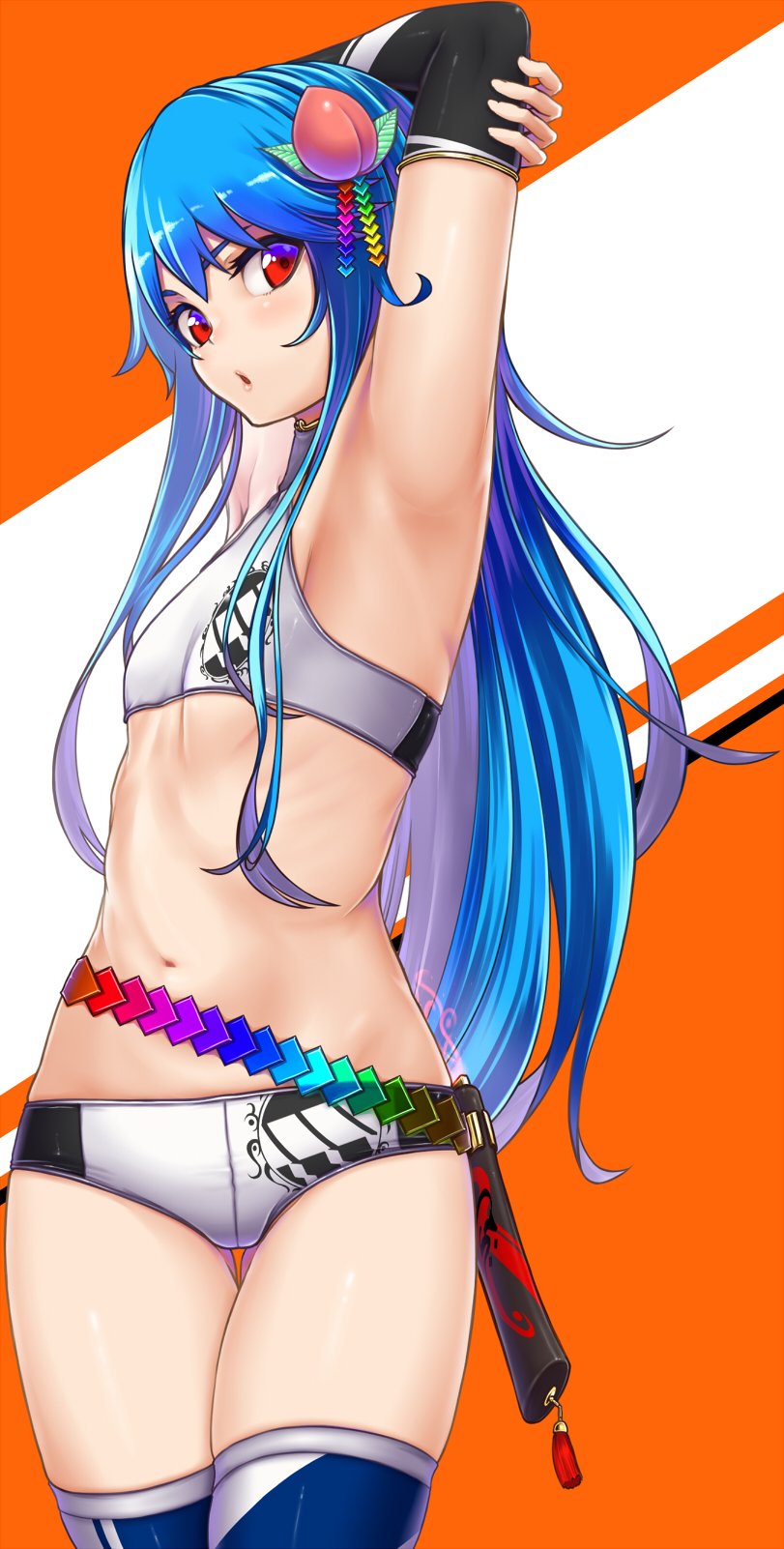 1girl, adapted_costume, armpit_crease, armpits, arms_up, bangs, blue_hair, blush