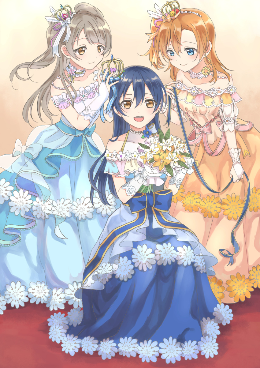 3girls, bangs, bare_shoulders, blue_dress, blue_eyes, blue_hair, blush, choker