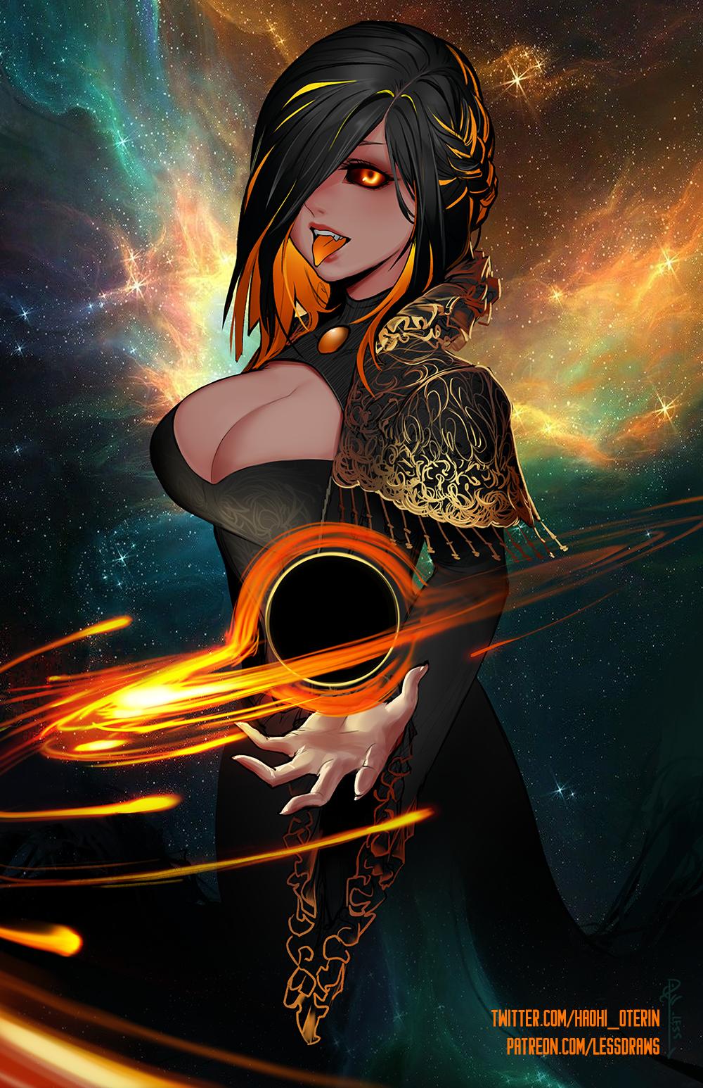 1girl, black_dress, black_hair, black_hole, black_sclera, braid, breasts, commentary