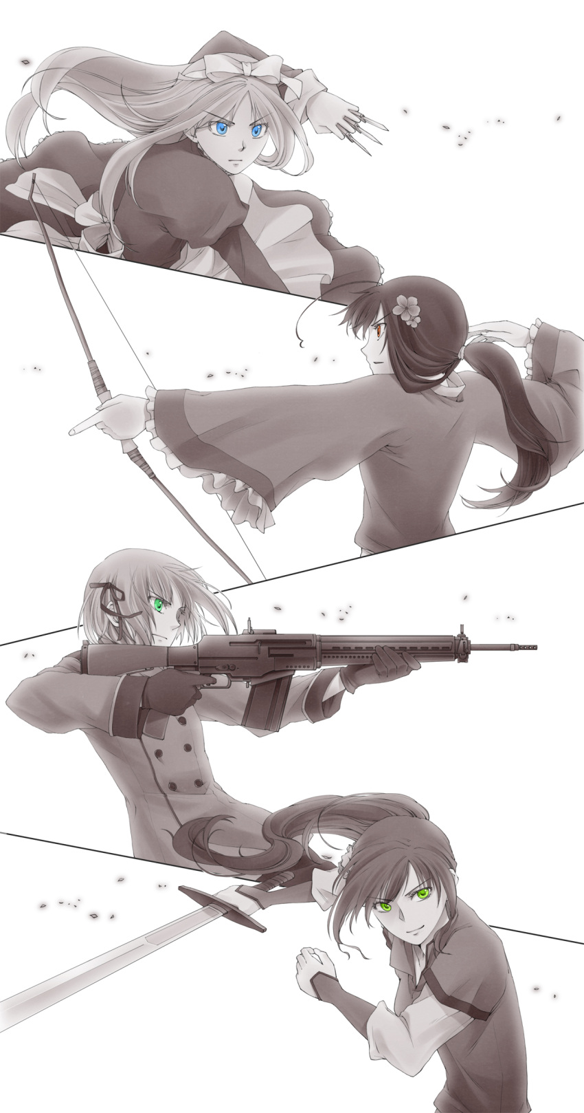 4girls, angry, belarus_(hetalia), blue_eyes, bow_(weapon), bow_and_arrow, chigu, flower