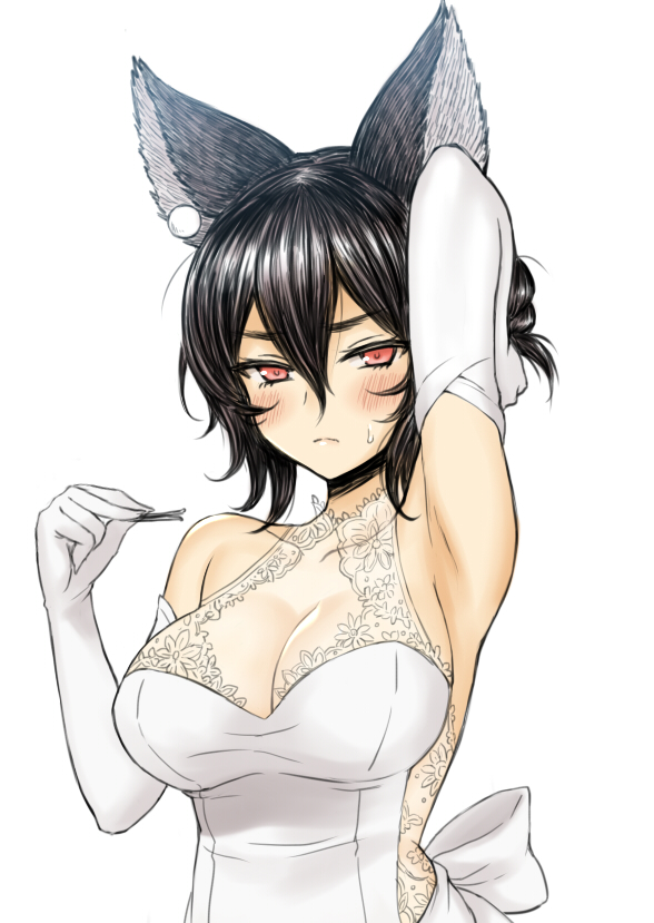 >:(, 1girl, animal_ears, arm_up, armpits, bare_shoulders, black_hair, blush