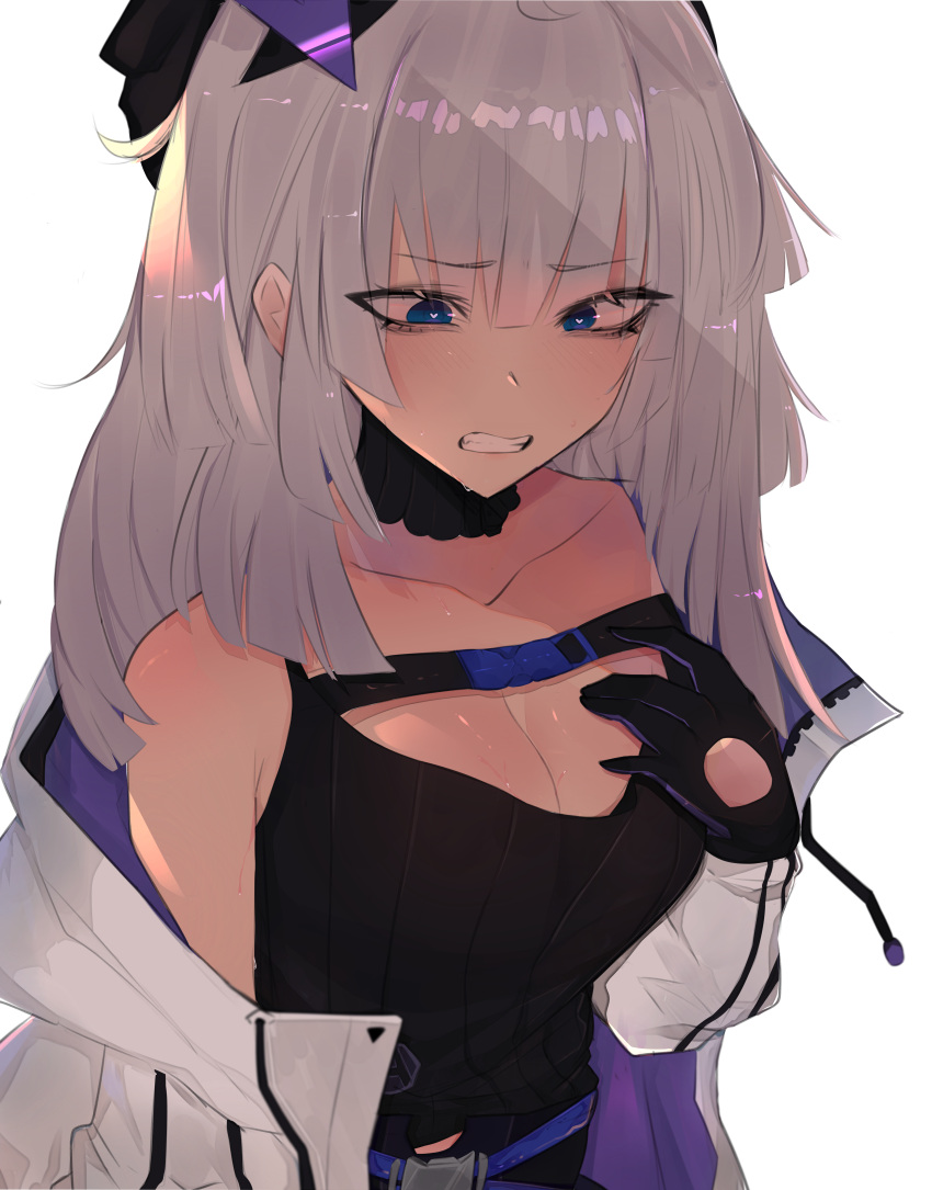 1girl, aa-12_(girls_frontline), absurdres, bangs, black_gloves, blue_eyes, breasts, choker, cleavage, coat, collarbone, eyebrows_visible_through_hair, girls_frontline, gloves, heart, heart-shaped_pupils, highres, huge_filesize, oni_noodle, parted_lips, ribbed_sweater, silver_hair, simple_background, solo, sweater, symbol-shaped_pupils, teeth, upper_body, white_background
