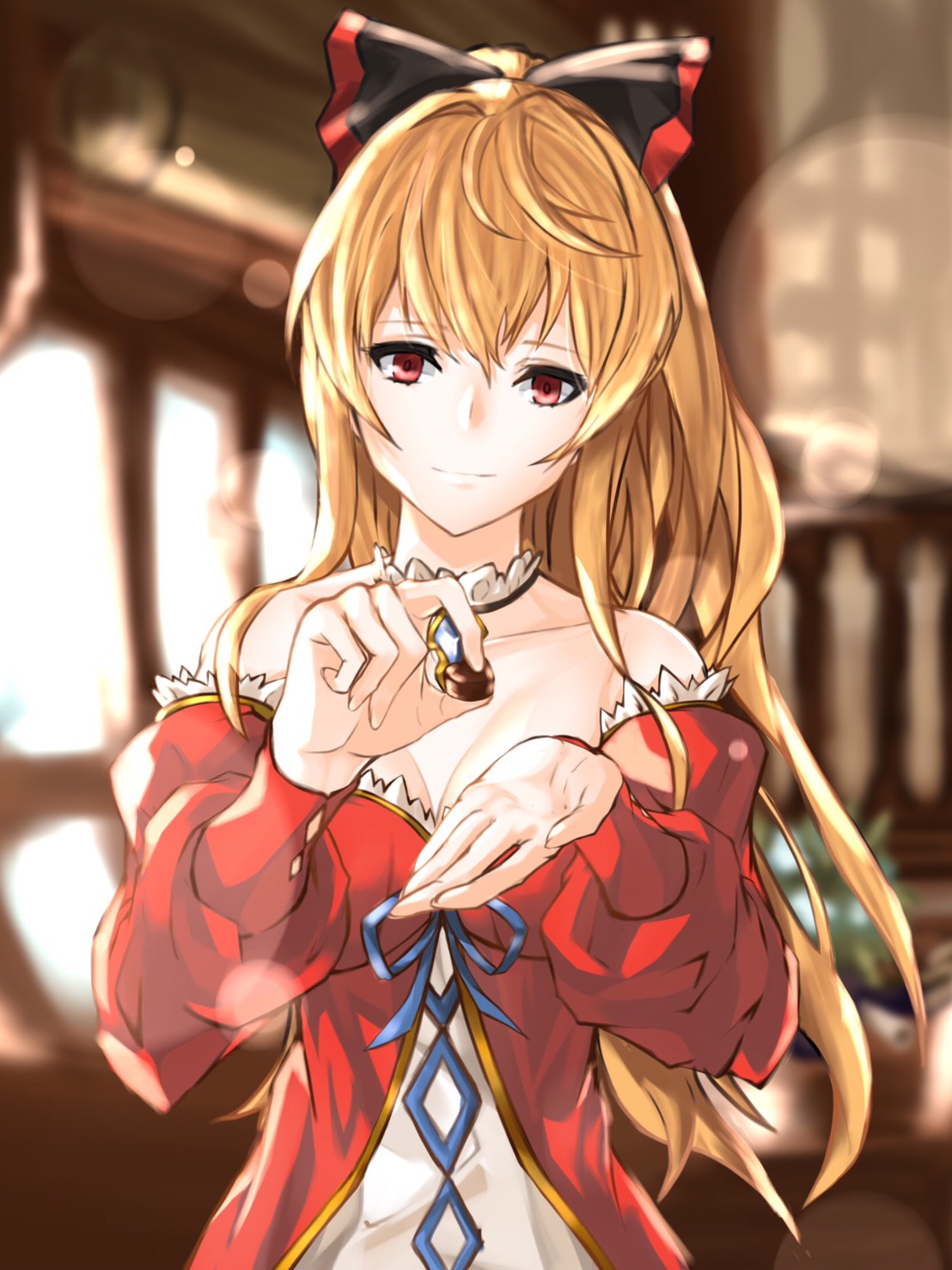 1girl, bare_shoulders, black_bow, blonde_hair, bow, breasts, chocolate, cleavage, collarbone, commentary_request, dress, empty_eyes, granblue_fantasy, hair_bow, hair_ribbon, head_tilt, highres, holding_chocolate, long_hair, looking_at_viewer, medium_breasts, nabeji_(wata_nb), ponytail, red_dress, red_eyes, ribbon, smile, solo, upper_body, valentine, vira_lilie