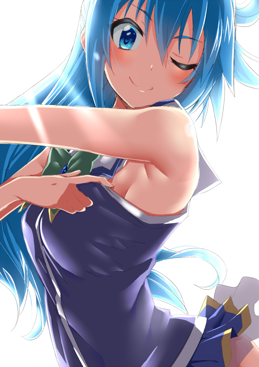 1girl, aqua_(konosuba), arched_back, bangs, bare_shoulders, blue_eyes, blue_hair, blue_shirt
