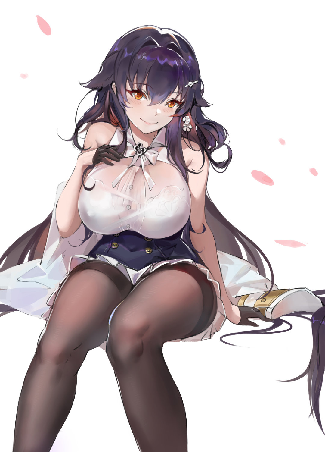 1girl, azur_lane, bare_shoulders, black_gloves, black_hair, blush, bra, breasts