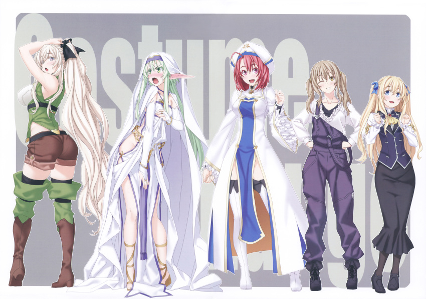 5girls, ;), absurdres, ahoge, arms_up, ascot, ass, black_legwear
