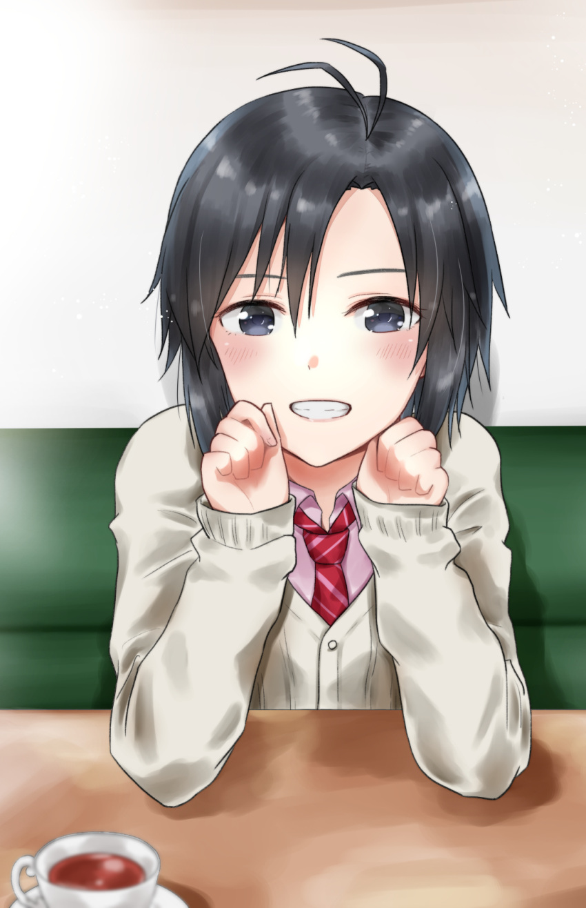 1girl, antenna_hair, black_eyes, black_hair, blurry_foreground, blush, cardigan_schooler, collared_shirt