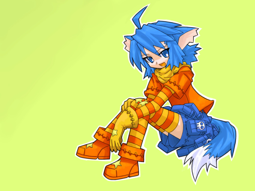 animal_ears, animal_tail, blue_eyes, blue_hair, gloves, highres, mof, original