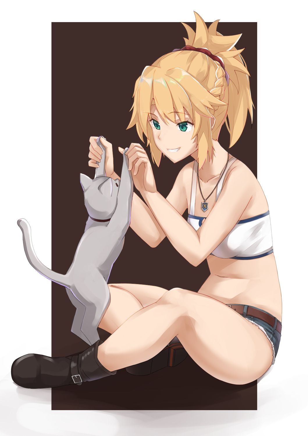 1girl, animal, bare_arms, bare_shoulders, belt, black_background, black_footwear, blonde_hair