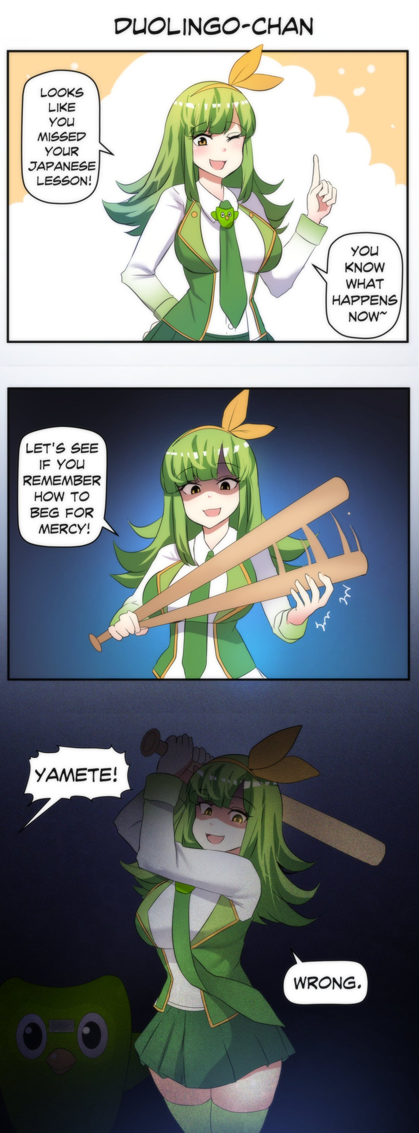 1girl, 3koma, absurdres, arm_behind_back, baseball_bat, breasts, collared_shirt, comic