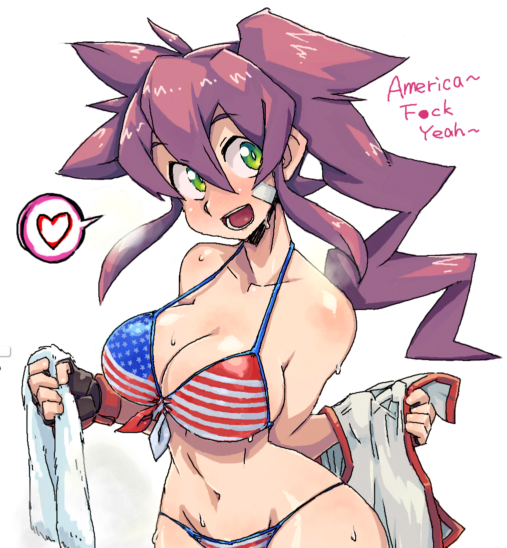 1girl, :d, american_flag_bikini, bandage_on_face, bikini, black_bikini, blush, breasts, cleavage, coso-ri, english_text, fingerless_gloves, flag_print, gloves, green_eyes, hair_between_eyes, heart, large_breasts, long_hair, navel, open_mouth, original, purple_hair, shirt_removed, side_ponytail, simple_background, smile, solo, spoken_heart, strap_gap, swimsuit, towel, umizakura_tachimi, wet, white_background
