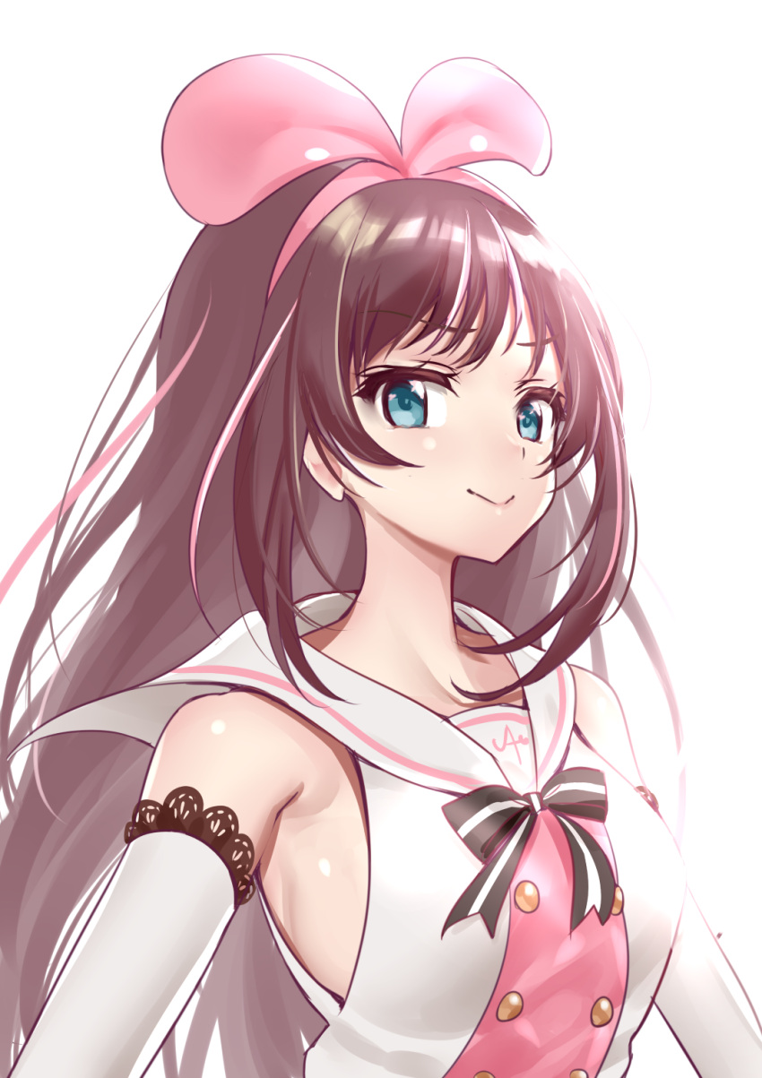 1girl, a.i._channel, aqua_eyes, armpit_peek, bare_shoulders, bow, bowtie, breasts