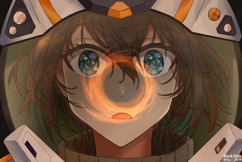 1girl, 2019, awestruck, black_hole, blue_eyes, brown_hair, eyebrows_visible_through_hair, face, hair_between_eyes, hakura_akiko, helmet, m87_black_hole, open_mouth, original, reflection, short_hair, solo, space, spacesuit