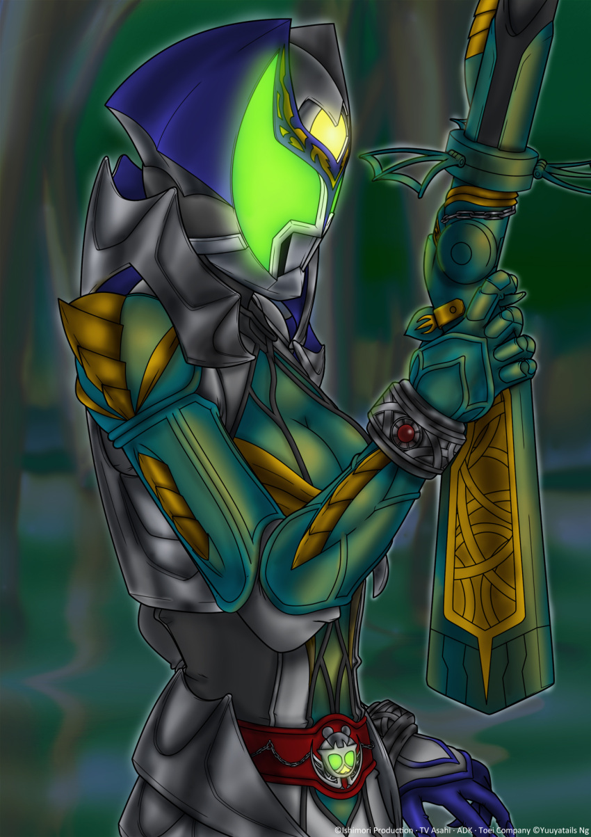 1girl, armor, belt, breasts, commentary, english_commentary, glowing, glowing_eyes