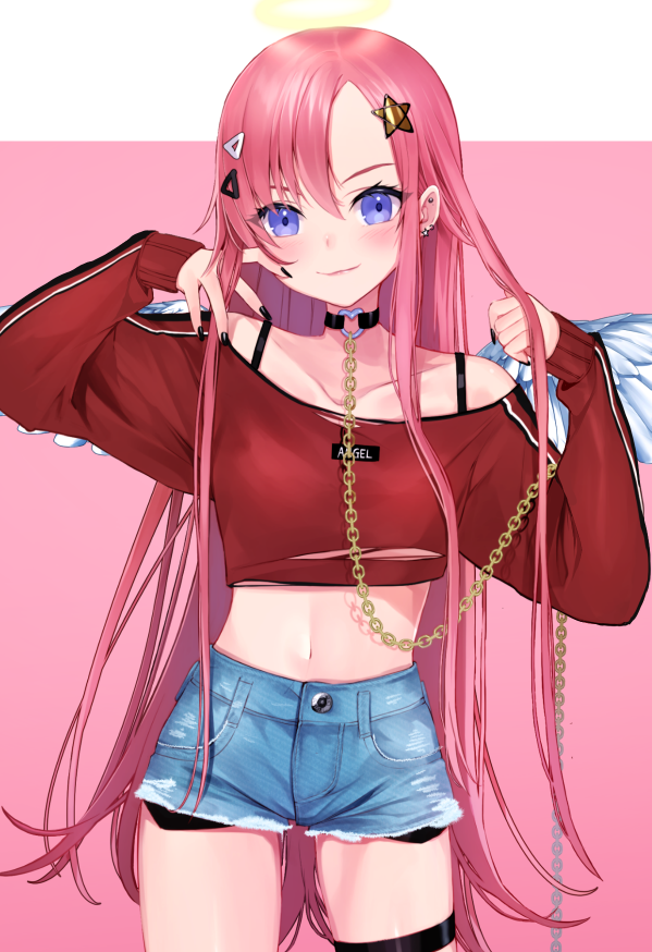 1girl, angel_wings, bangs, black_choker, black_nails, blush, bra_strap, breasts