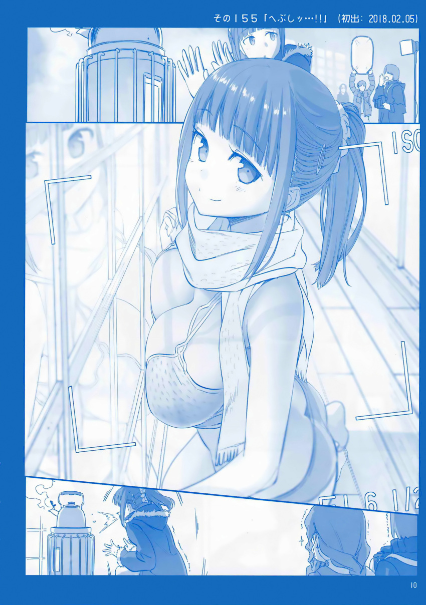 1girl, absurdres, against_glass, ass, bangs, bikini, blue_theme, bra