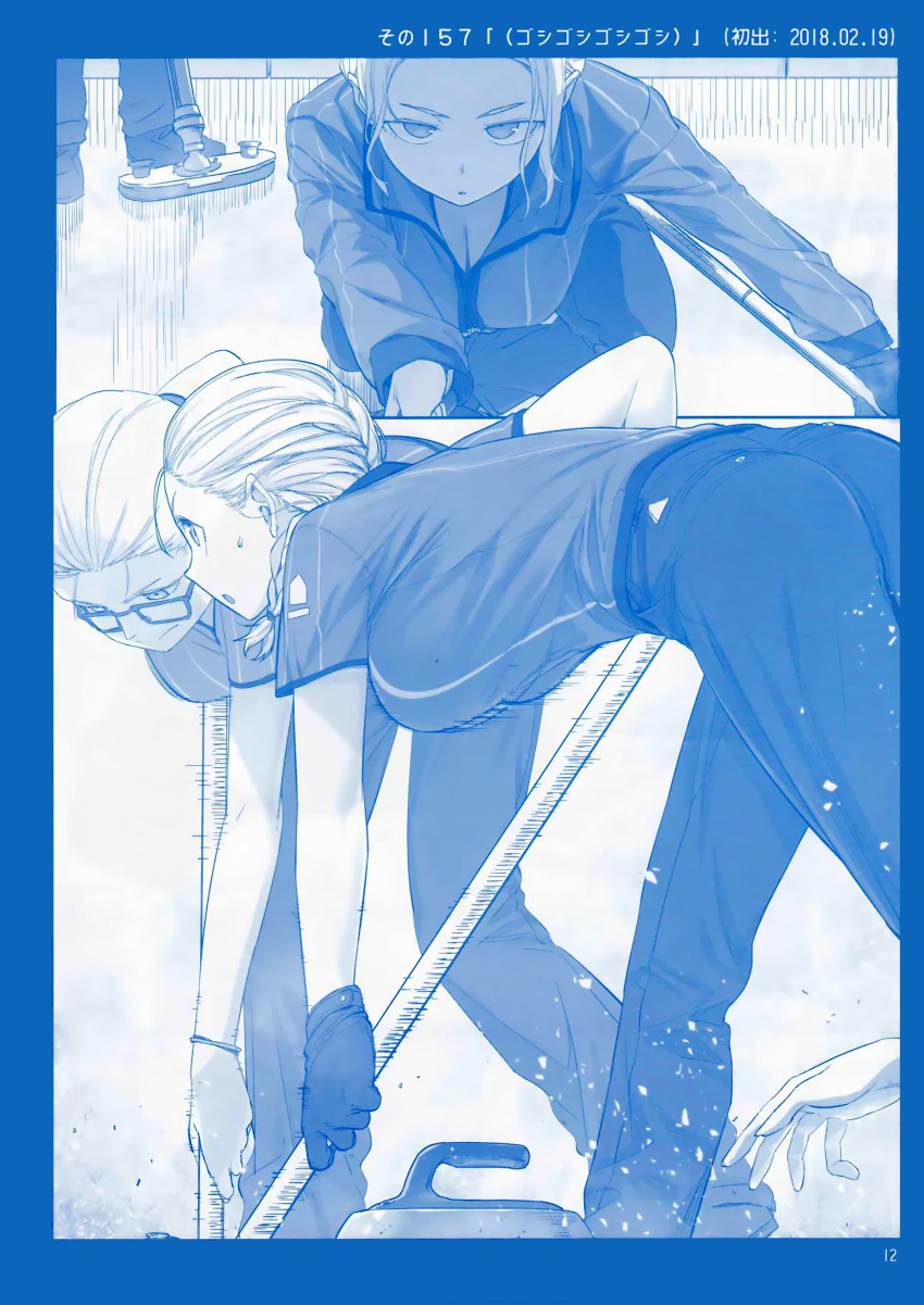 3girls, absurdres, bent_over, blue_theme, braid, breasts, cleavage, comic
