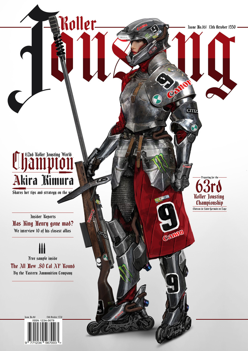 1girl, akira, anti-materiel_rifle, black_hair, breastplate, breasts, canon_(company), chainmail, character_name, commentary, concept_art, cover, english_commentary, english_text, fantasy, faulds, full_body, gauntlets, gun, helmet, highres, inline_skates, johnson_ting, jousting, knight, lips, lipstick, long_skirt, magazine_cover, makeup, medieval, mole, mole_under_eye, monster_energy, motocross, nose, original, realistic, rifle, roller_skates, single_spaulder, skates, skirt, sniper_rifle, solo, sponsor, urban_fantasy, weapon