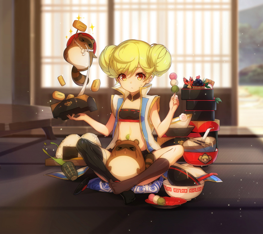 1girl, :<, ai_chan, asymmetrical_legwear, bandeau, bangs, baozi, black_legwear, blue_sky, blurry, blurry_background, bowl, brown_eyes, brown_legwear, choker, coat, dango, day, double_bun, eyebrows_visible_through_hair, flat_chest, food, green_hair, green_tea, hair_ornament, highres, holding, holding_food, honkai_(series), honkai_impact_3, indian_style, indoors, light_particles, long_hair, looking_at_viewer, naoe_kanetsugu_(honkai_impact), no_shoes, obentou, omelet, open_clothes, open_coat, sidelocks, single_sock, single_thighhigh, sitting, sky, sleeveless_coat, socks, spilling, sweatdrop, taku_no_shounen, tamagoyaki, tanuki, tea, thigh-highs, wagashi