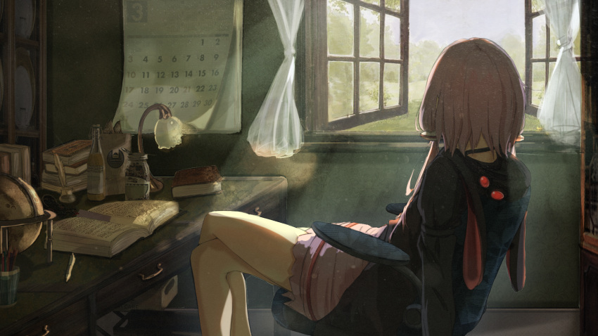 1girl, aki_tsui, animal_hood, book, bookmark, bottle, bunny_hood, calendar_(object)