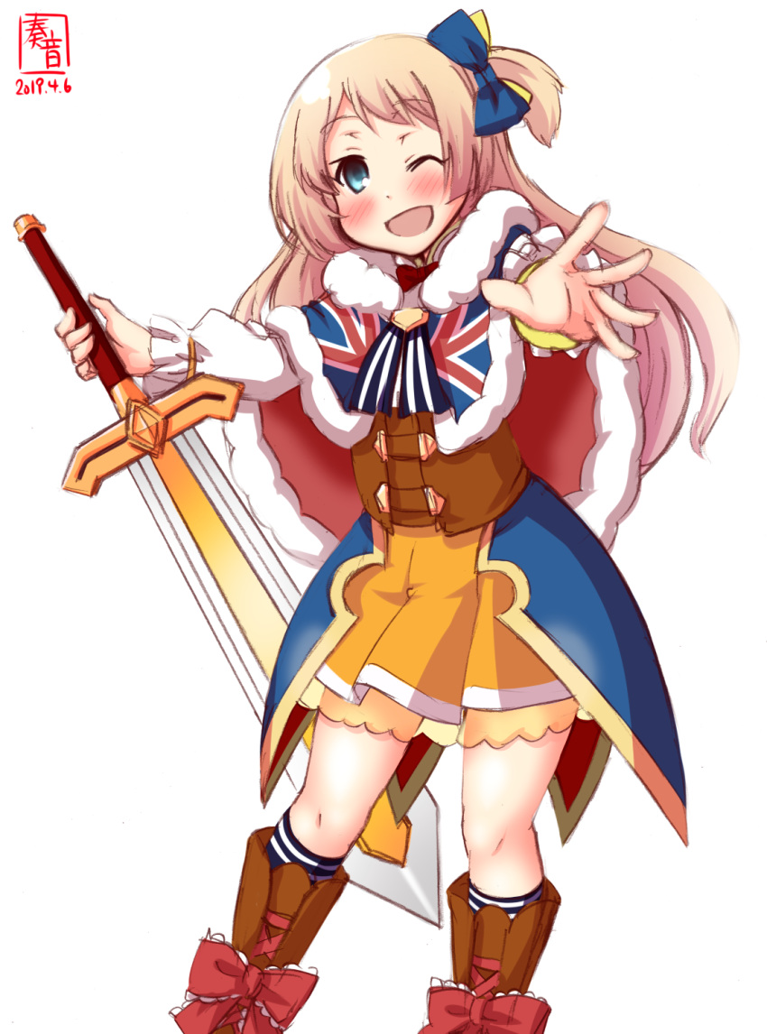 1girl, ;d, alternate_costume, blonde_hair, blue_bow, blue_eyes, blush, bow