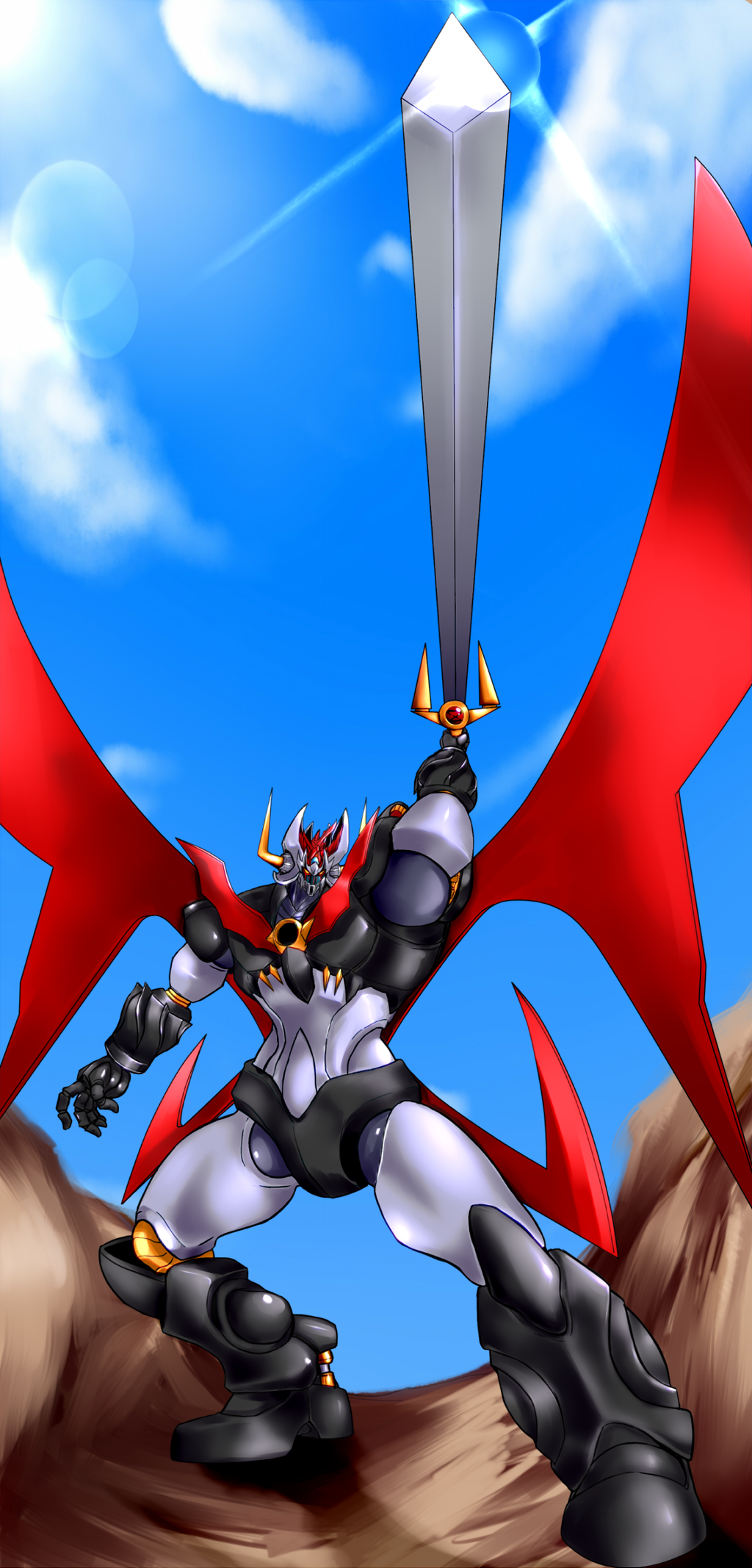 commentary, highres, holding, holding_sword, holding_weapon, horns, large_wings, looking_at_viewer