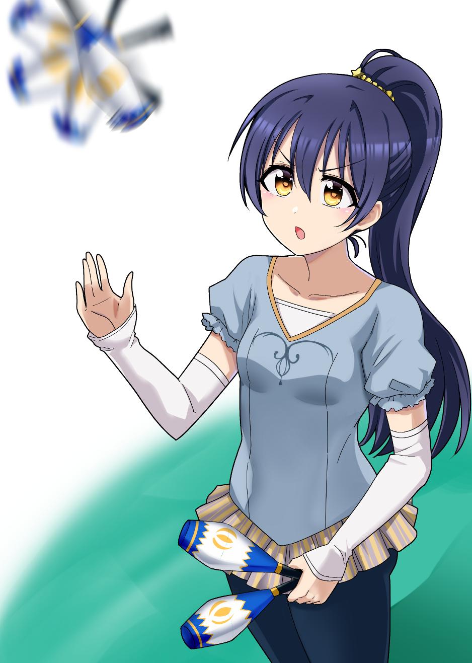 1girl, aiai_(okiraku_rough_nisshi), alternate_hairstyle, bangs, black_legwear, blue_hair, commentary_request, cowboy_shot, detached_sleeves, eyebrows_visible_through_hair, gymnast_leotard, gymnastics, hair_between_eyes, highres, juggling, juggling_club, leotard, long_hair, love_live!, love_live!_school_idol_festival, love_live!_school_idol_project, open_mouth, pantyhose, ponytail, simple_background, solo, sonoda_umi, standing, yellow_eyes