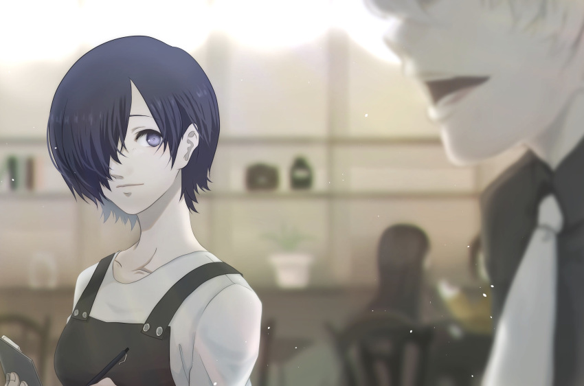 1boy, 2girls, apron, black_apron, black_hair, black_shirt, blue_eyes, blurry