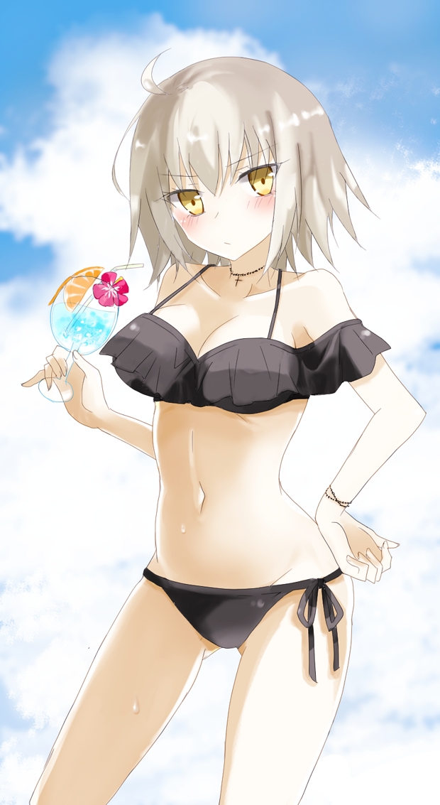 1girl, ahoge, bare_arms, bare_shoulders, bikini, black_bikini, blush, breasts