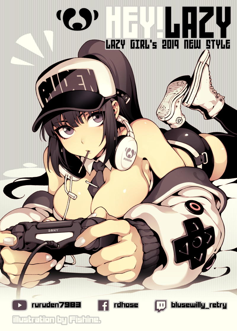 1girl, bangs, bare_shoulders, between_breasts, black_hair, black_legwear, breasts, cleavage