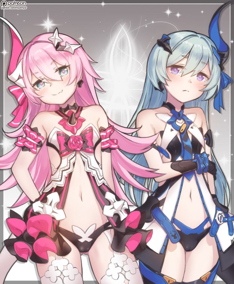 2girls, artist_name, bare_shoulders, black_gloves, black_legwear, black_panties, blue_eyes, blue_hair