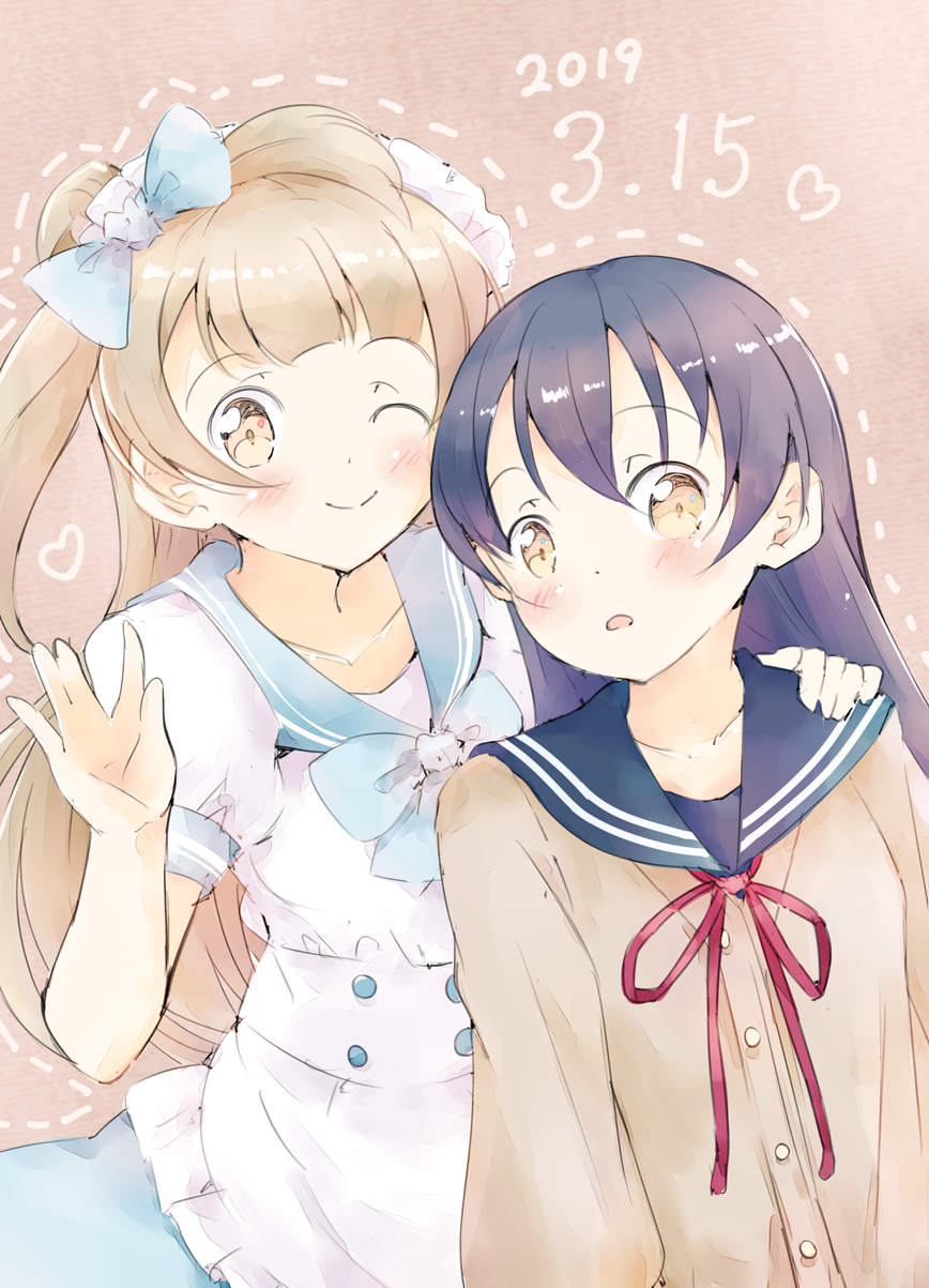 2girls, bangs, blue_hair, blush, commentary_request, dated, eyebrows_visible_through_hair, grey_hair