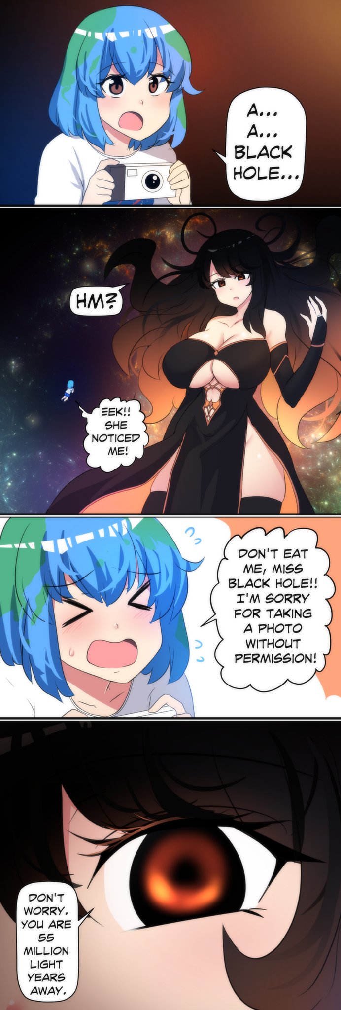 >_<, 2girls, black_hair, black_legwear, blackhole-chan, blue_hair, breasts, brown_eyes