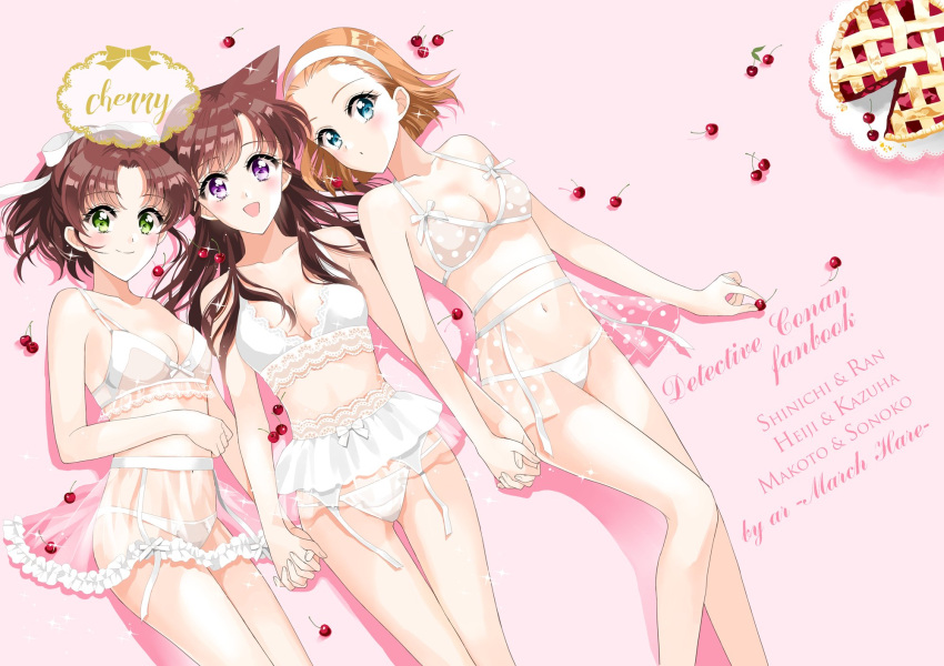 3girls, :o, arch_lapin, bangs, blue_eyes, blush, bra, breasts
