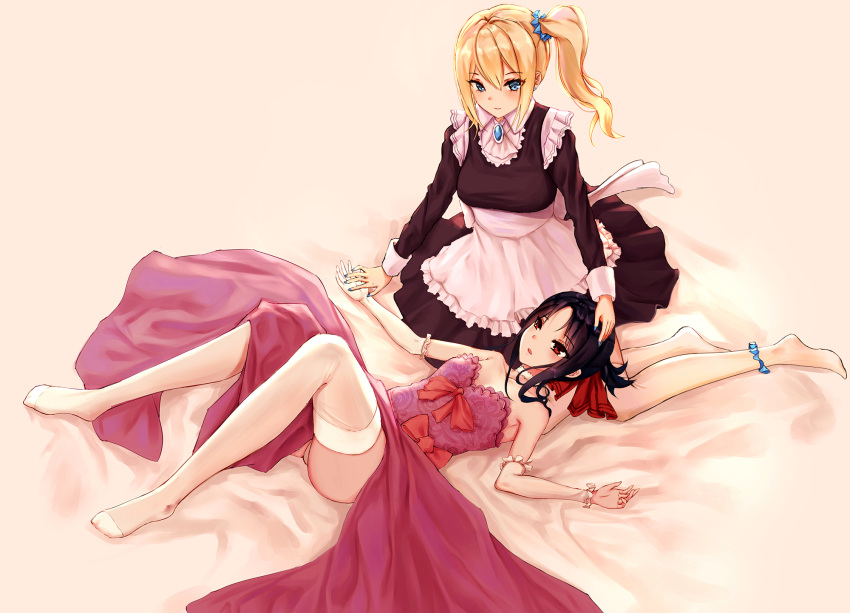 2girls, alternate_costume, ankle_scrunchie, apron, ascot, ass, bare_shoulders, bed_sheet