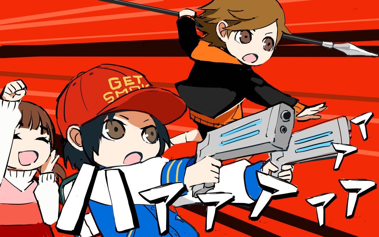 1girl, 2boys, amada_ken, attacking, baseball_cap, black_hair, brown_eyes, brown_hair