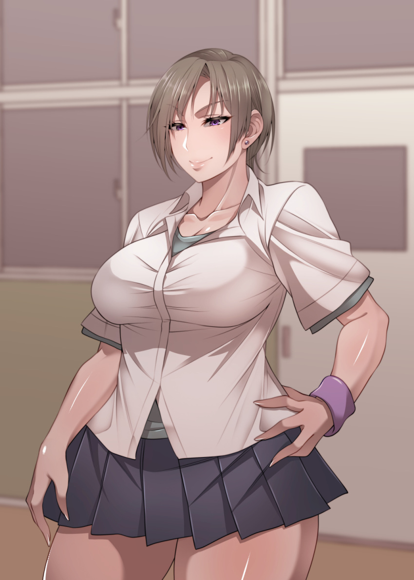 1girl, blue_skirt, blush, earrings, eyebrows_visible_through_hair, highres, jewelry, korotsuke