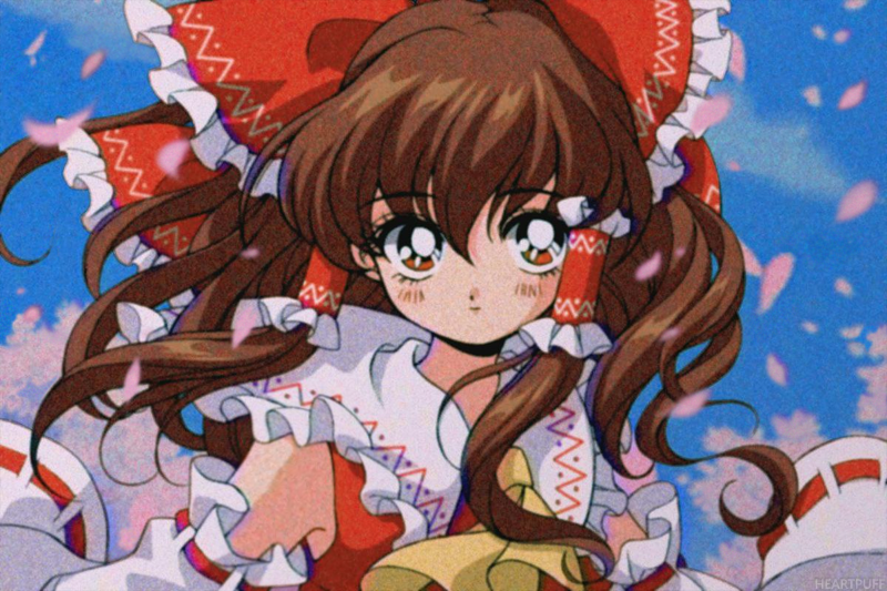 1girl, 90s, ascot, blush, bow, brown_hair, cherry_blossoms, detached_sleeves